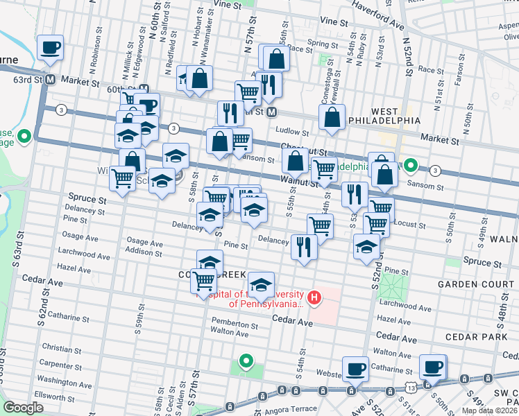 map of restaurants, bars, coffee shops, grocery stores, and more near 244 South 56th Street in Philadelphia