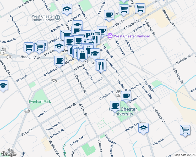 map of restaurants, bars, coffee shops, grocery stores, and more near 312 South High Street in West Chester