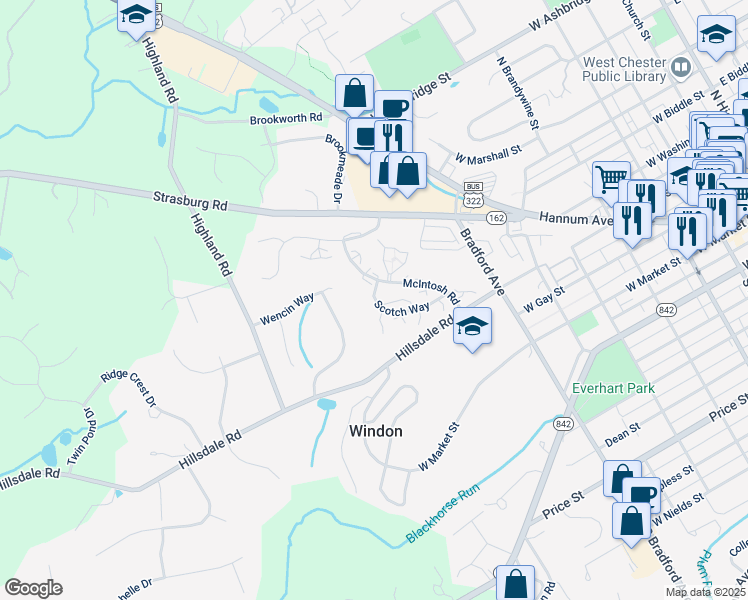 map of restaurants, bars, coffee shops, grocery stores, and more near 334 McIntosh Road in West Chester