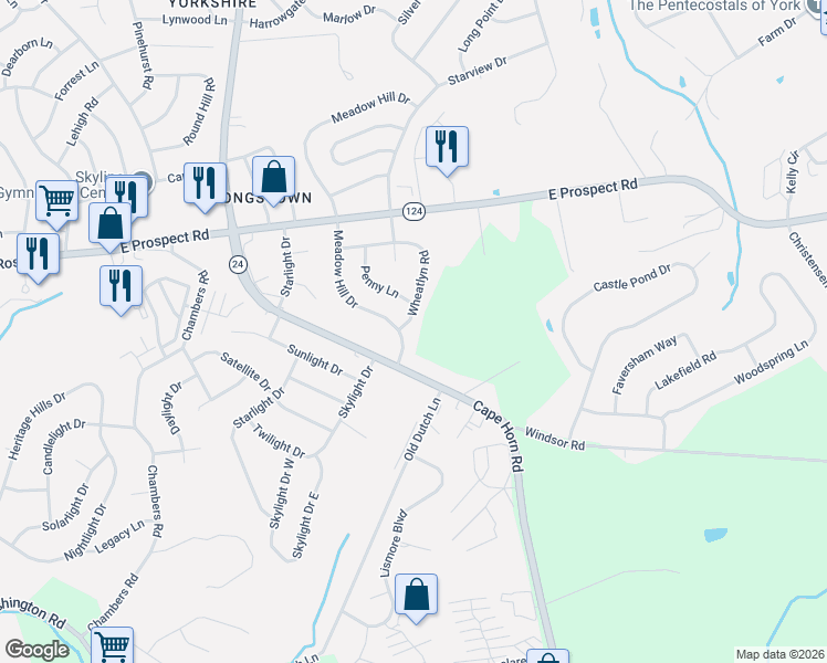 map of restaurants, bars, coffee shops, grocery stores, and more near 3130 Wheatlyn Road in York