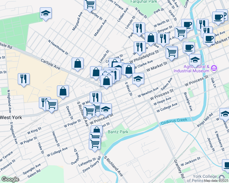 map of restaurants, bars, coffee shops, grocery stores, and more near 652 West Market Street in York