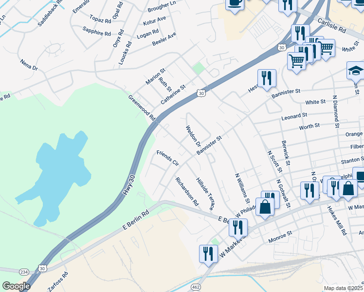 map of restaurants, bars, coffee shops, grocery stores, and more near 630 Greenwood Road in York