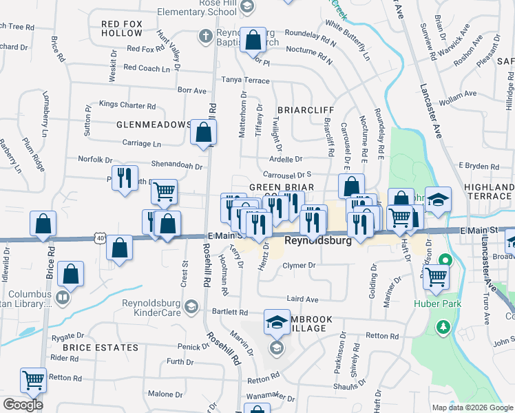 map of restaurants, bars, coffee shops, grocery stores, and more near 6723 Bordeaux Court in Reynoldsburg