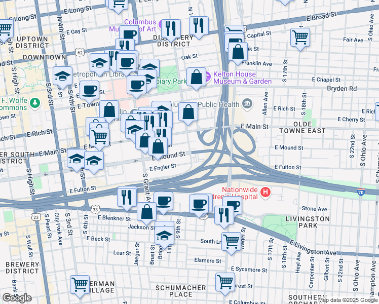 map of restaurants, bars, coffee shops, grocery stores, and more near 327 South Washington Avenue in Columbus