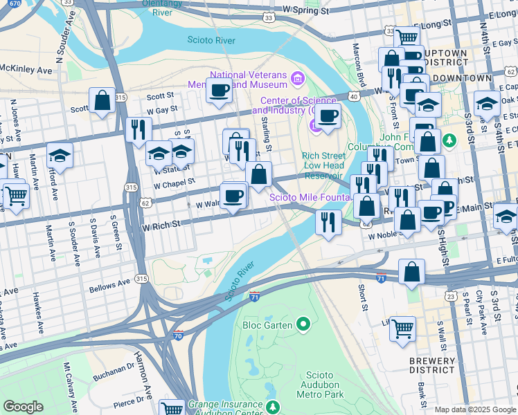 map of restaurants, bars, coffee shops, grocery stores, and more near 357 West Rich Street in Columbus