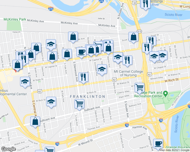 map of restaurants, bars, coffee shops, grocery stores, and more near 102 Avondale Avenue in Columbus