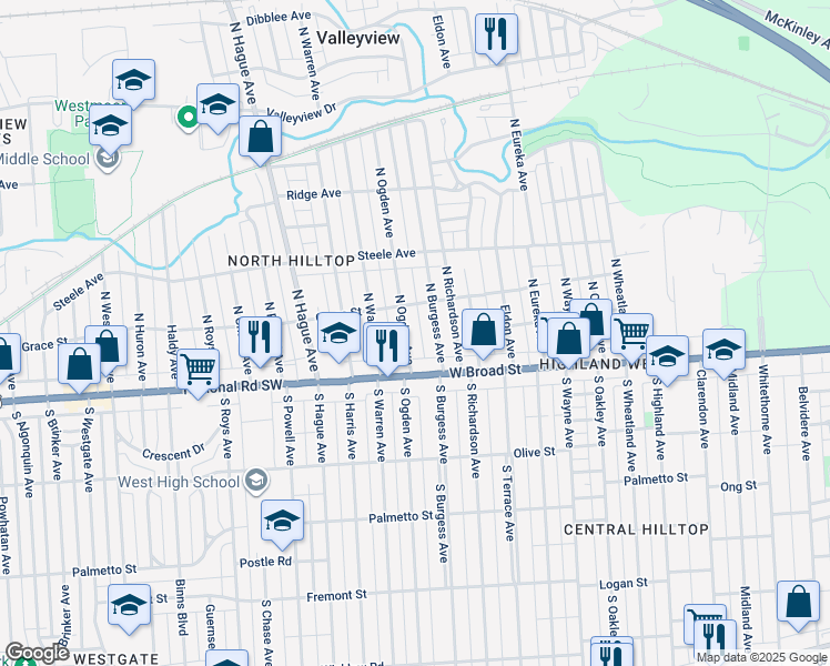 map of restaurants, bars, coffee shops, grocery stores, and more near 2599 Grace Street in Columbus