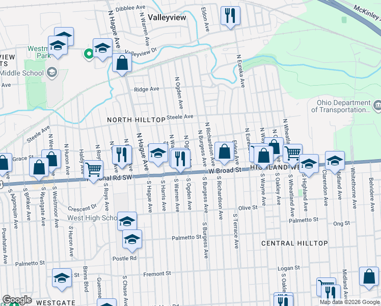 map of restaurants, bars, coffee shops, grocery stores, and more near 2599 Grace Street in Columbus