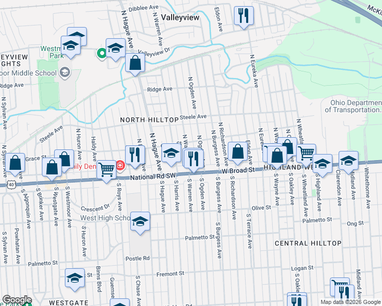 map of restaurants, bars, coffee shops, grocery stores, and more near 90 1/2 North Warren Avenue in Columbus