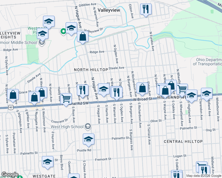 map of restaurants, bars, coffee shops, grocery stores, and more near 90 1/2 North Warren Avenue in Columbus