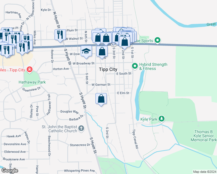 map of restaurants, bars, coffee shops, grocery stores, and more near 330 South 4th Street in Tipp City