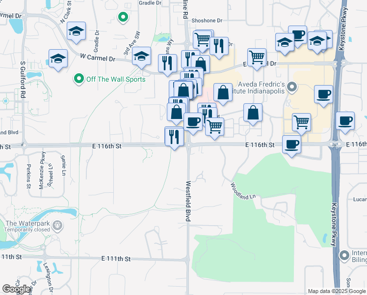 map of restaurants, bars, coffee shops, grocery stores, and more near 15201 Westfield Boulevard in Carmel