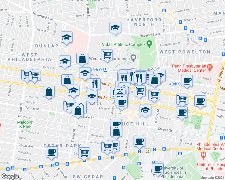map of restaurants, bars, coffee shops, grocery stores, and more near 4543 Sansom Street in Philadelphia
