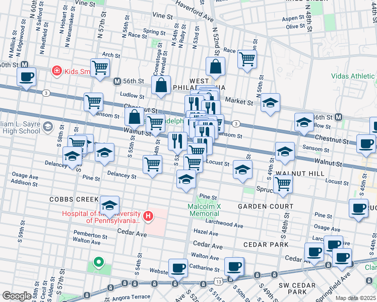 map of restaurants, bars, coffee shops, grocery stores, and more near 5234 Chancellor Street in Philadelphia