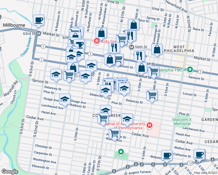 map of restaurants, bars, coffee shops, grocery stores, and more near 270 South 57th Street in Philadelphia