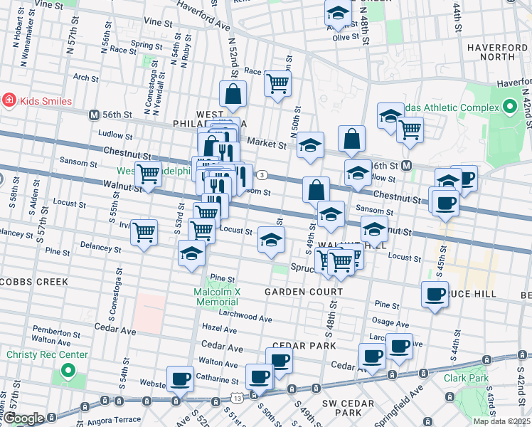 map of restaurants, bars, coffee shops, grocery stores, and more near 5026 Walnut Street in Philadelphia