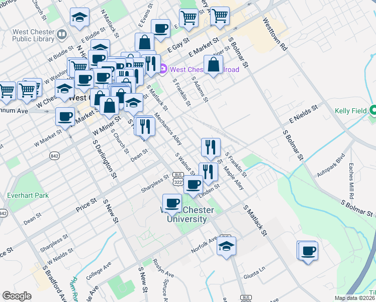 map of restaurants, bars, coffee shops, grocery stores, and more near 123 Lacey Street in West Chester