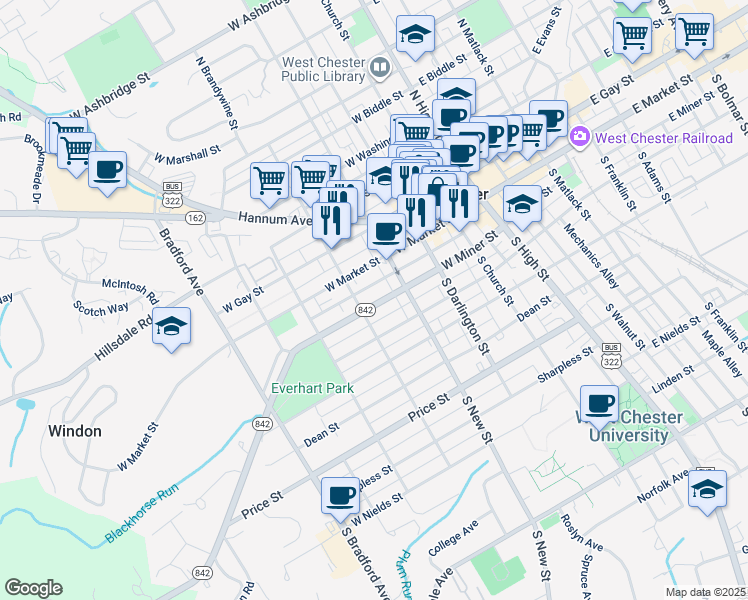 map of restaurants, bars, coffee shops, grocery stores, and more near 322 West Market Street in West Chester