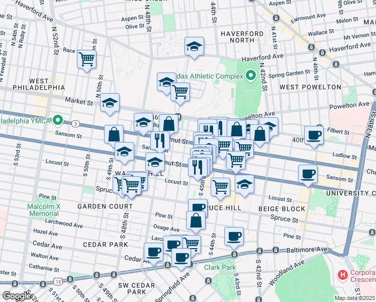 map of restaurants, bars, coffee shops, grocery stores, and more near in Philadelphia