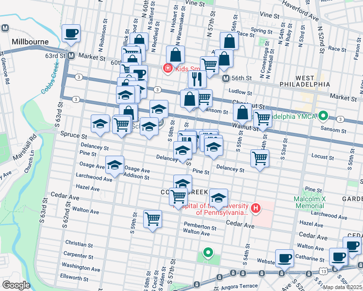 map of restaurants, bars, coffee shops, grocery stores, and more near 276 South Alden Street in Philadelphia