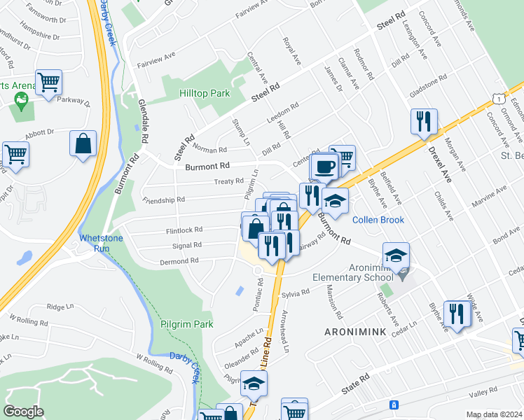 map of restaurants, bars, coffee shops, grocery stores, and more near 73 Warrior Road in Drexel Hill