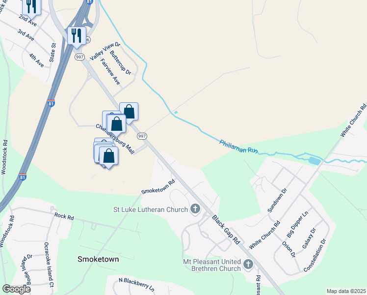 map of restaurants, bars, coffee shops, grocery stores, and more near 2916 Black Gap Road in Chambersburg