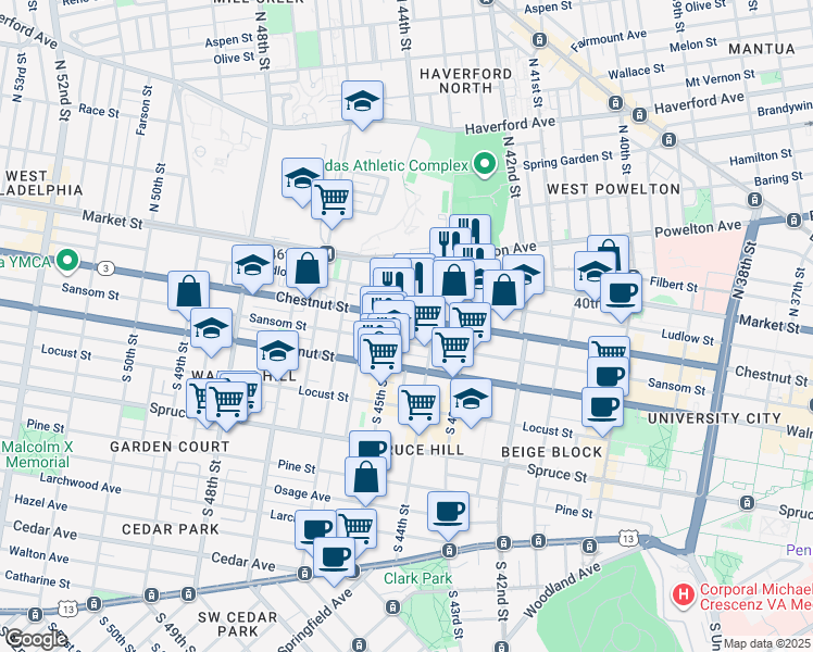 map of restaurants, bars, coffee shops, grocery stores, and more near 4501 Chestnut Street in Philadelphia