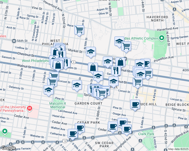 map of restaurants, bars, coffee shops, grocery stores, and more near 4841 Walnut Street in Philadelphia
