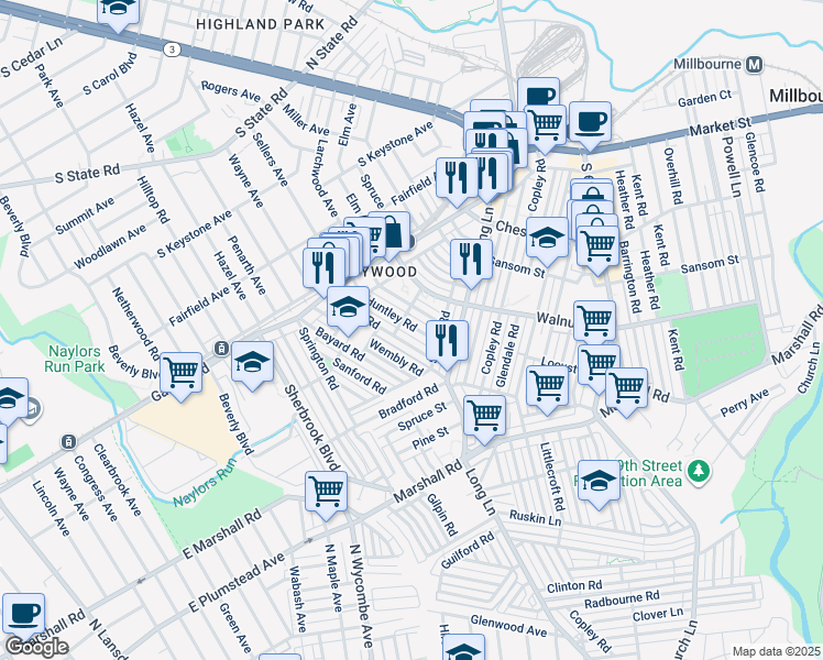 map of restaurants, bars, coffee shops, grocery stores, and more near 236 Huntley Road in Delaware County