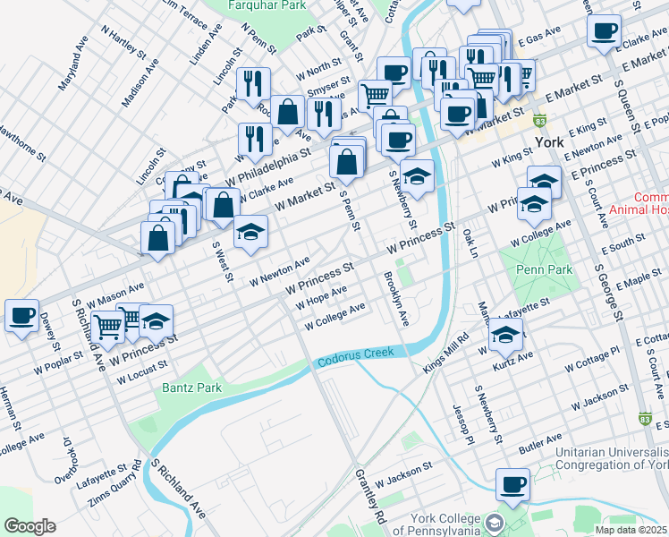 map of restaurants, bars, coffee shops, grocery stores, and more near 449 West Princess Street in York