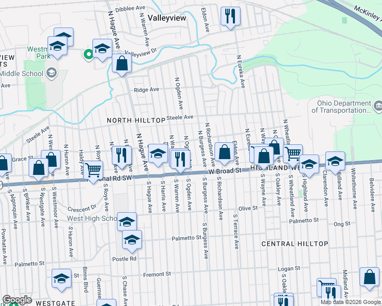 map of restaurants, bars, coffee shops, grocery stores, and more near 2599 Grace Street in Columbus