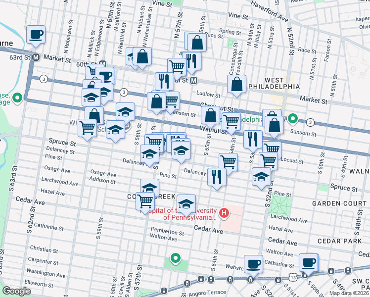 map of restaurants, bars, coffee shops, grocery stores, and more near 244 South 56th Street in Philadelphia