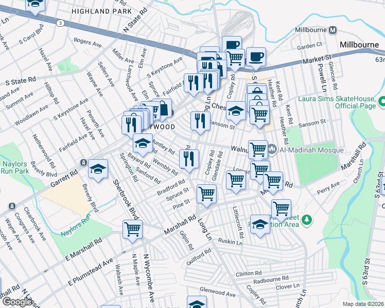 map of restaurants, bars, coffee shops, grocery stores, and more near 202 Long Lane in Delaware County