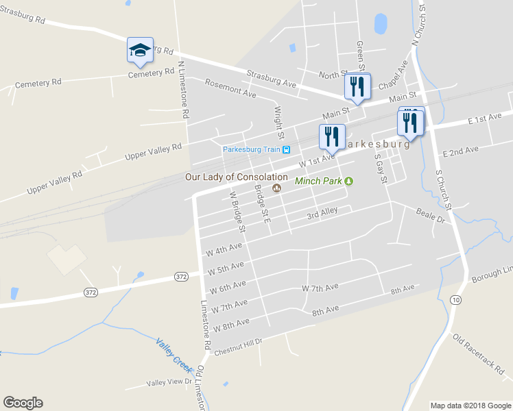 map of restaurants, bars, coffee shops, grocery stores, and more near 704 West 2nd Avenue in Parkesburg