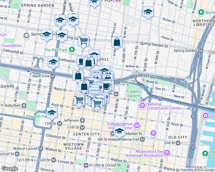 map of restaurants, bars, coffee shops, grocery stores, and more near 240 North 9th Street in Philadelphia