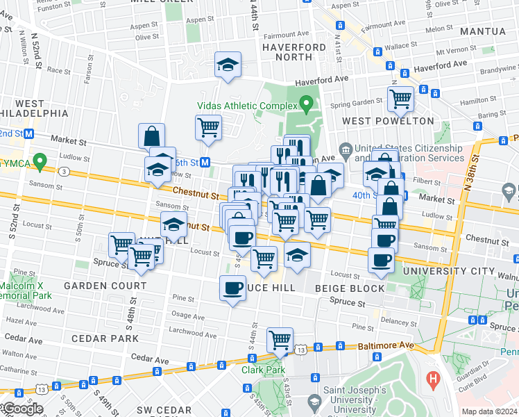 map of restaurants, bars, coffee shops, grocery stores, and more near 4420 Chestnut Street in Philadelphia