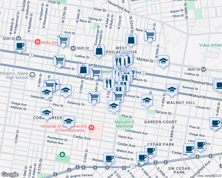 map of restaurants, bars, coffee shops, grocery stores, and more near 217 South 53rd Street in Philadelphia