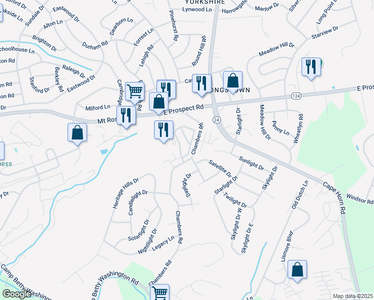 map of restaurants, bars, coffee shops, grocery stores, and more near 304 Chambers Ridge in York