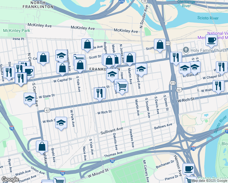 map of restaurants, bars, coffee shops, grocery stores, and more near 123 Avondale Avenue in Columbus