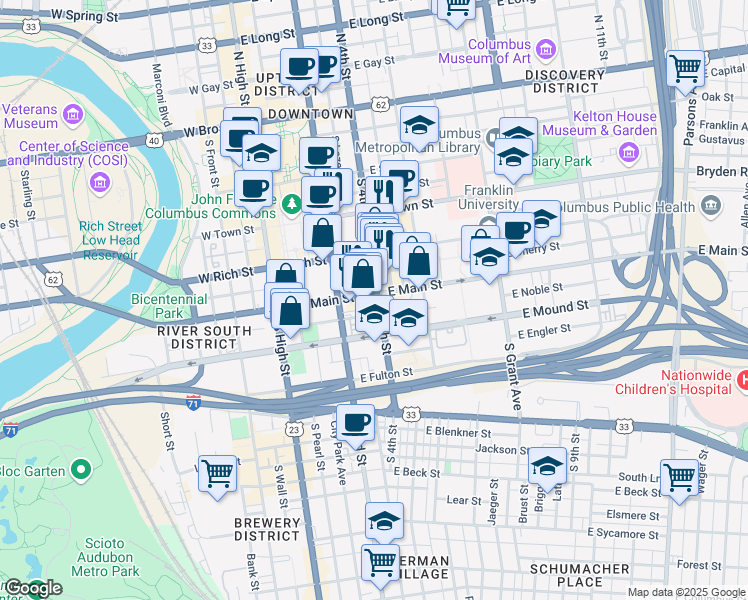 map of restaurants, bars, coffee shops, grocery stores, and more near 266 South 4th Street in Columbus