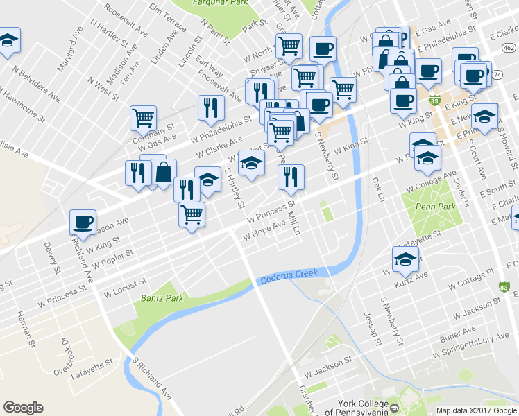 map of restaurants, bars, coffee shops, grocery stores, and more near 465 West Princess Street in York