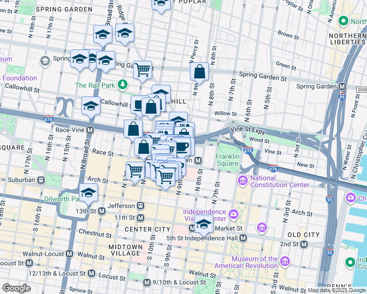 map of restaurants, bars, coffee shops, grocery stores, and more near 240 North 9th Street in Philadelphia