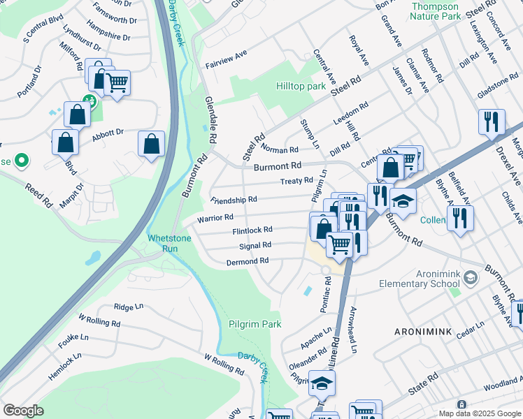 map of restaurants, bars, coffee shops, grocery stores, and more near 165 Warrior Road in Drexel Hill
