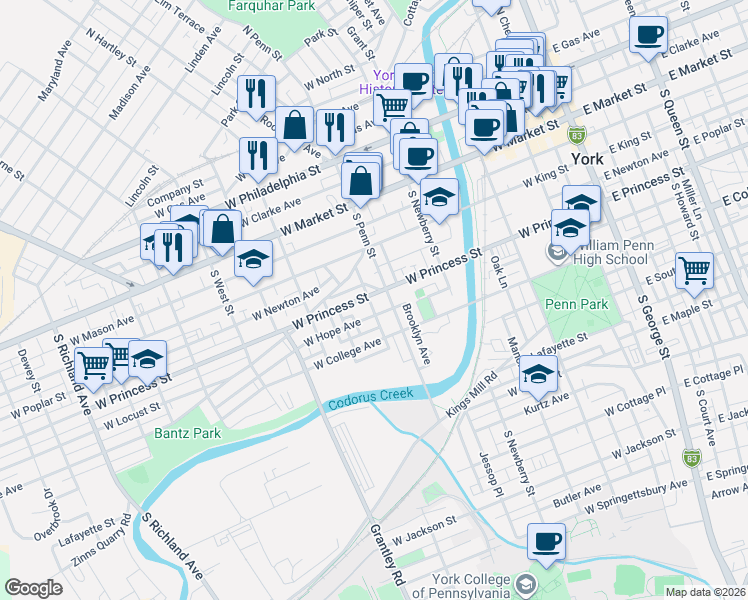 map of restaurants, bars, coffee shops, grocery stores, and more near 155 South Penn Street in York