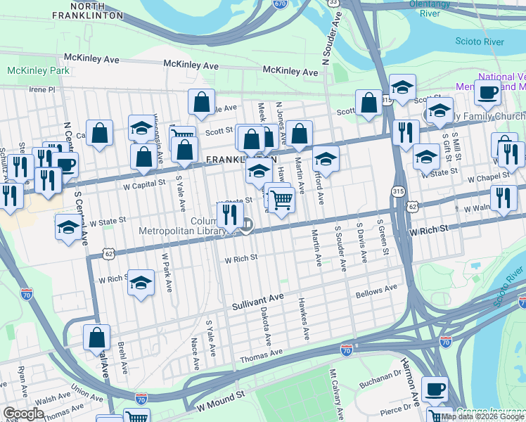 map of restaurants, bars, coffee shops, grocery stores, and more near 102 Avondale Avenue in Columbus