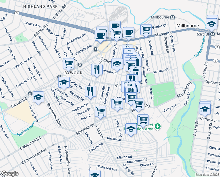 map of restaurants, bars, coffee shops, grocery stores, and more near 219 Glendale Road in Delaware County