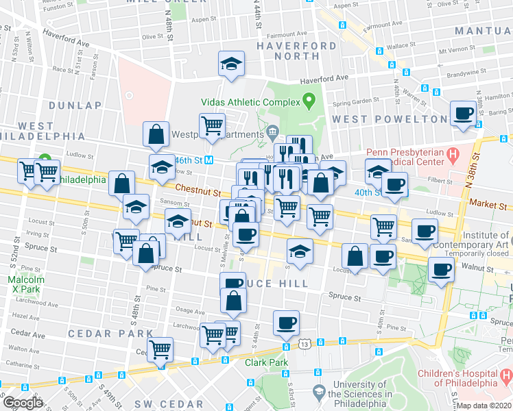 map of restaurants, bars, coffee shops, grocery stores, and more near 4430 Chestnut Street in Philadelphia