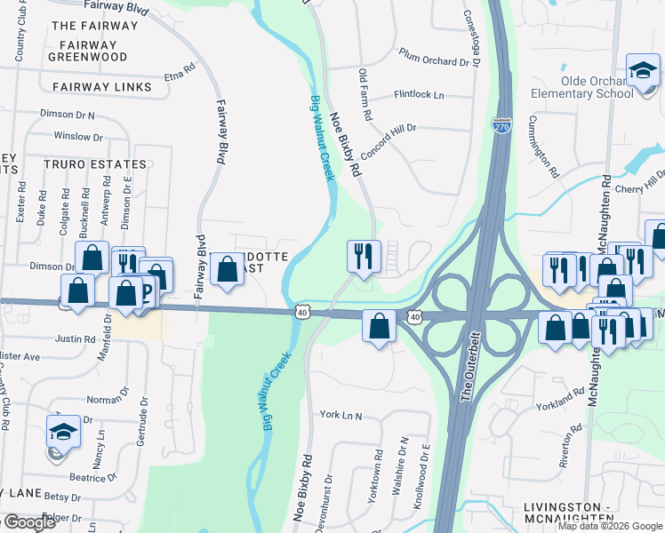 map of restaurants, bars, coffee shops, grocery stores, and more near 1155 Noe Bixby Road in Columbus