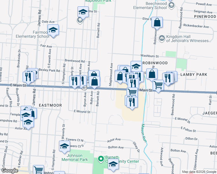 map of restaurants, bars, coffee shops, grocery stores, and more near 3540 East Main Street in Columbus