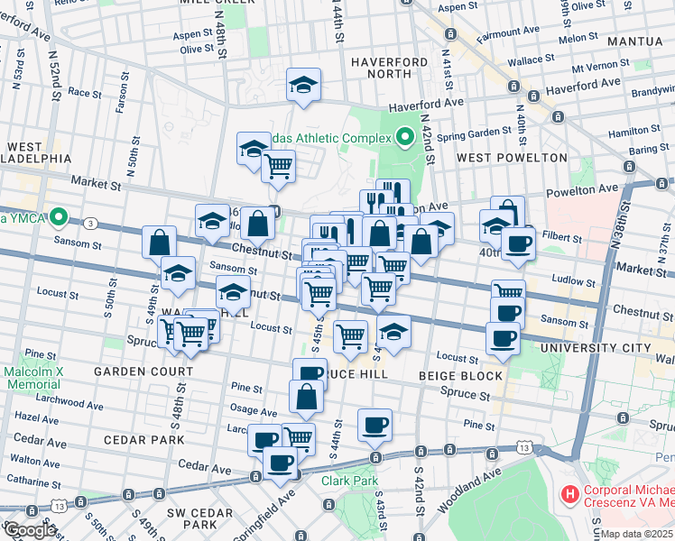 map of restaurants, bars, coffee shops, grocery stores, and more near 4430 Chestnut Street in Philadelphia
